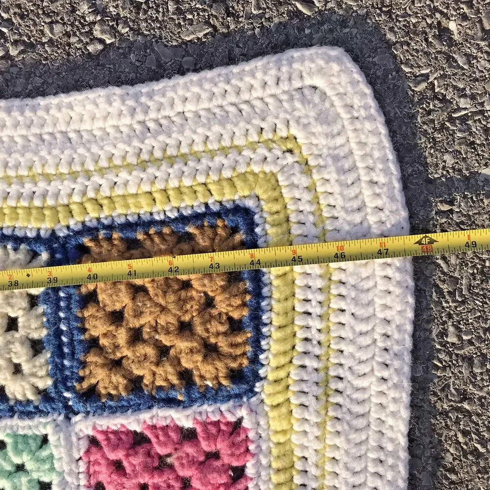 Vintage Granny Square Crochet Knit Afghan Throw Blanket Multicolor Border 4x4 ft - Picture 9 of 11